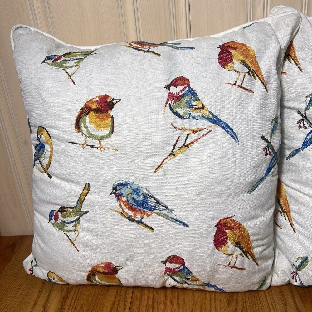 Set of 2 Colorful Bird Print Throw Pillows 18x18 Cottagecore Farmhouse Decor